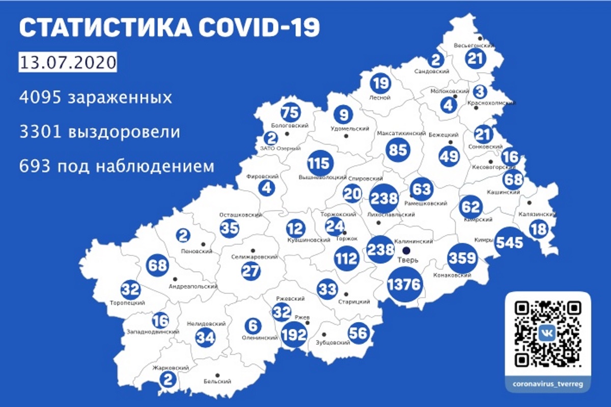 География коронавируса в Тверской области: в каких муниципалитетах подтверждены новые случаи заражения к 13 июля