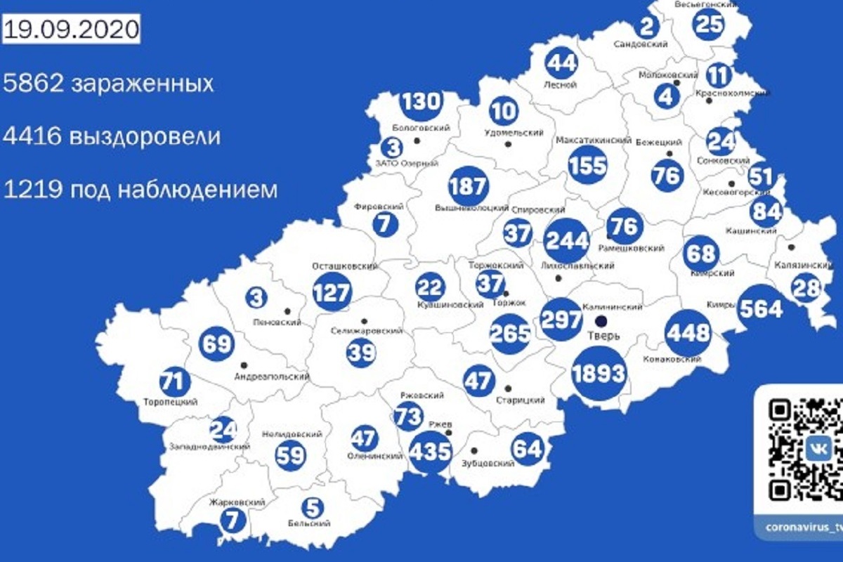 География распространения коронавируса в Тверской области на 19 сентября