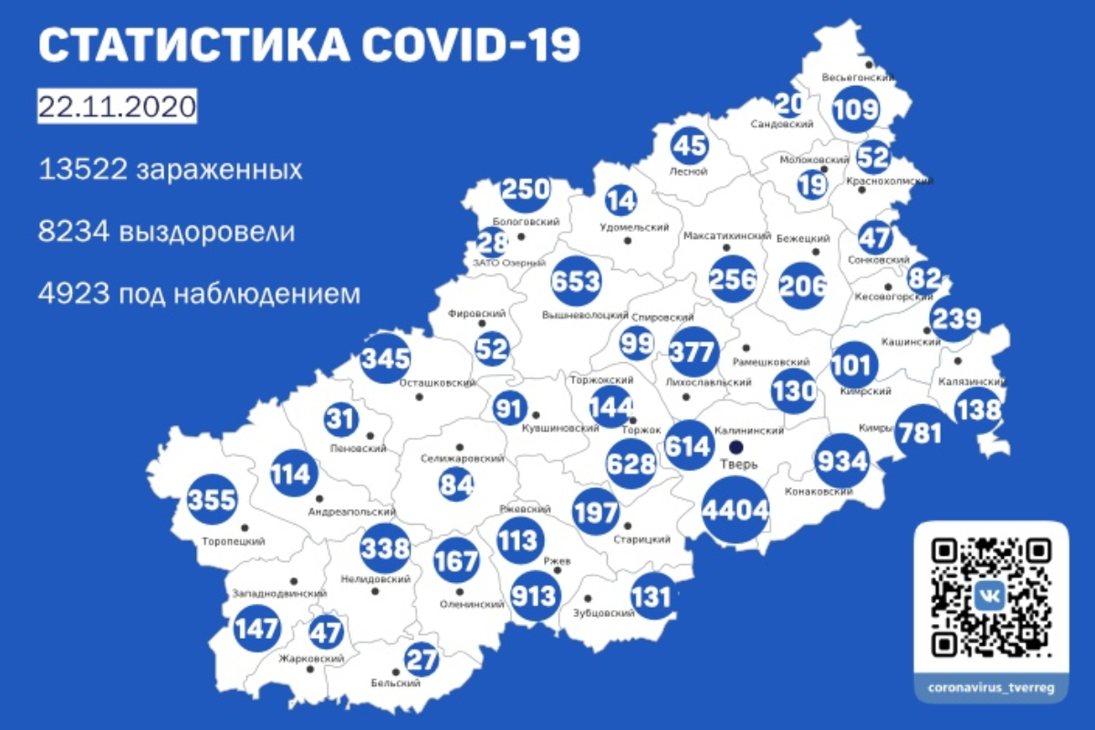 География коронавируса в Тверской области: в каких муниципалитетах подтверждены новые случаи заражения на 22 ноября