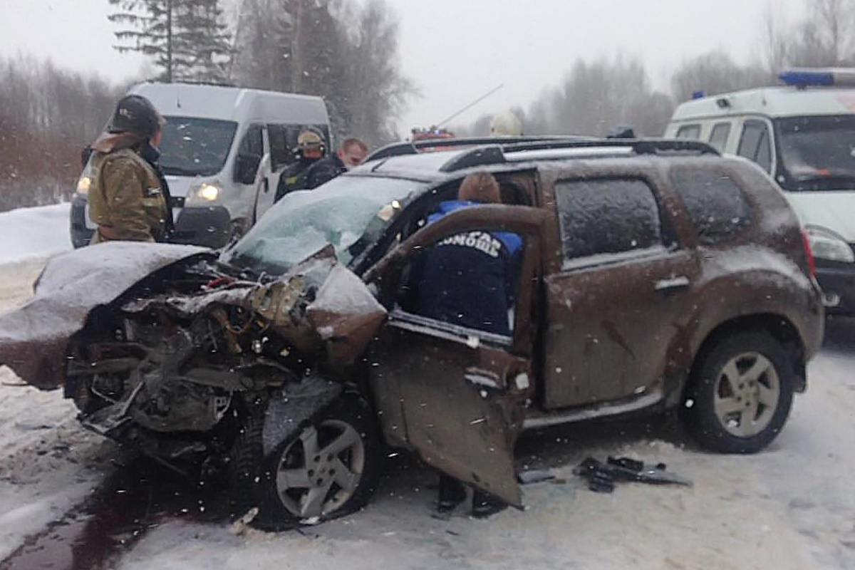 В Тверской области женщина за рулем кроссовера из-за снегопада протаранила японский внедорожник