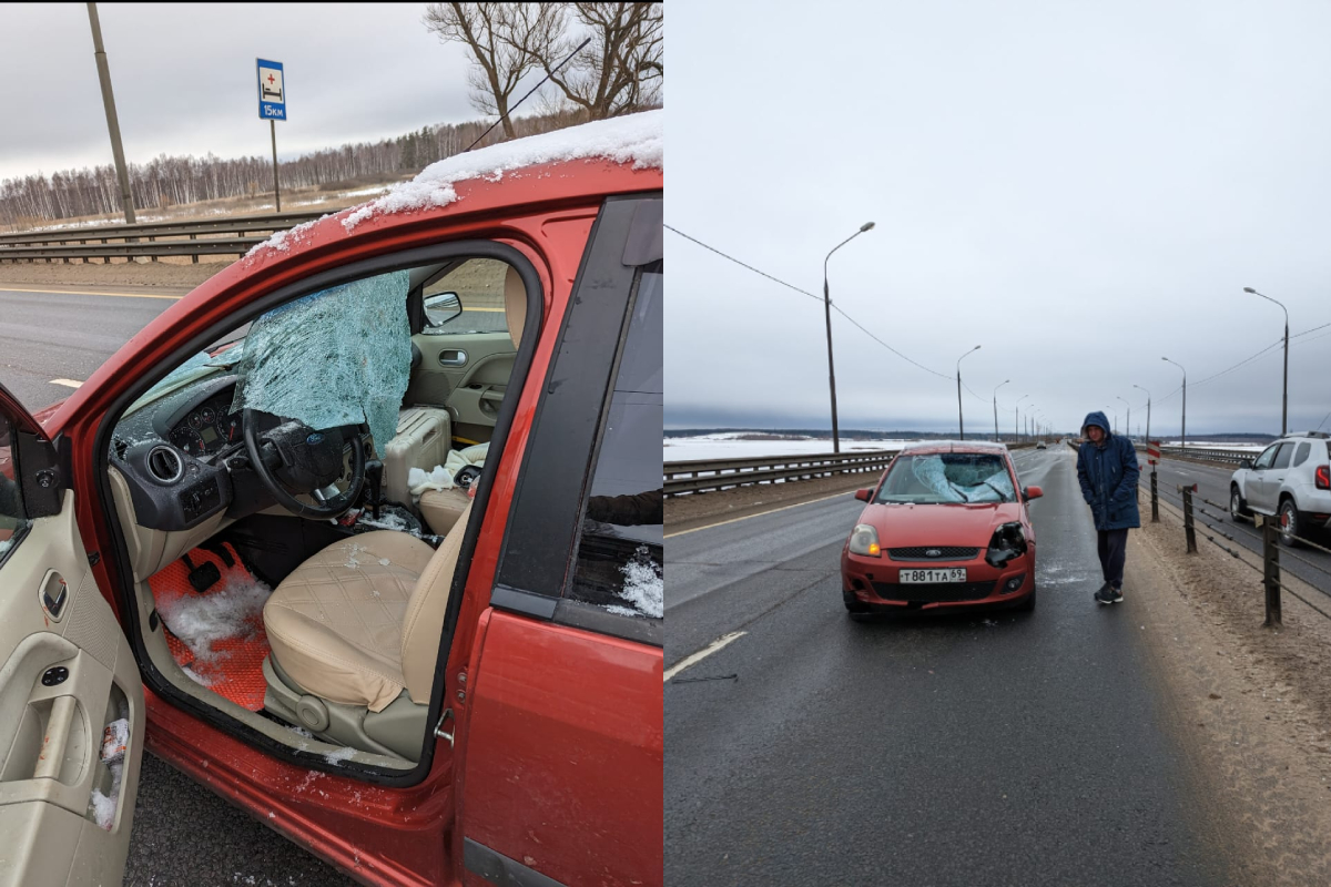 В Тверской области кусок льда с фуры пробил лобовое стекло легковушки, пострадал водитель