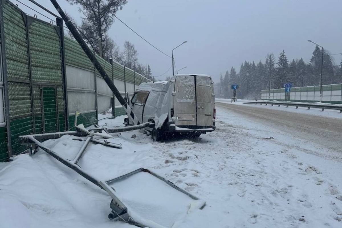 Микроавтобус врезался в мачту освещения на М-10 в Тверской области